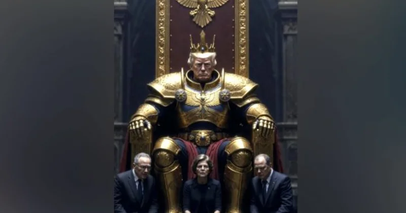 Трамп в золотых доспехах на троне