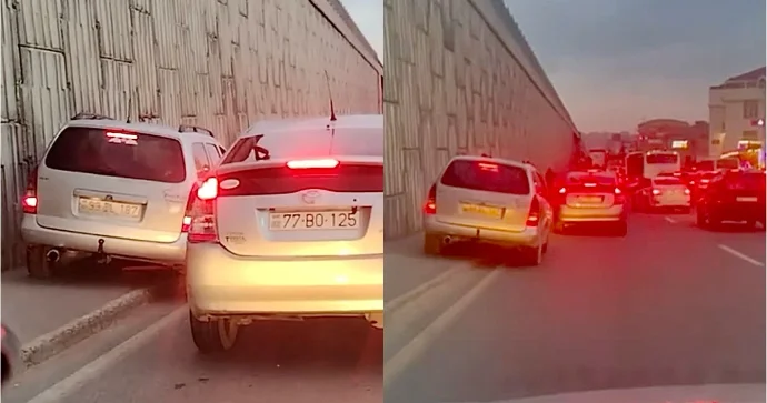 Tıxacda qabağa keçmək istəyən sürücü görün nəyə əl atdı VİDEO