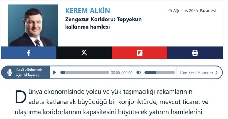 Türkiyə nəşri: “Zəngəzur dəhlizi regional əməkdaşlığa və inkişafa güclü stimuldur