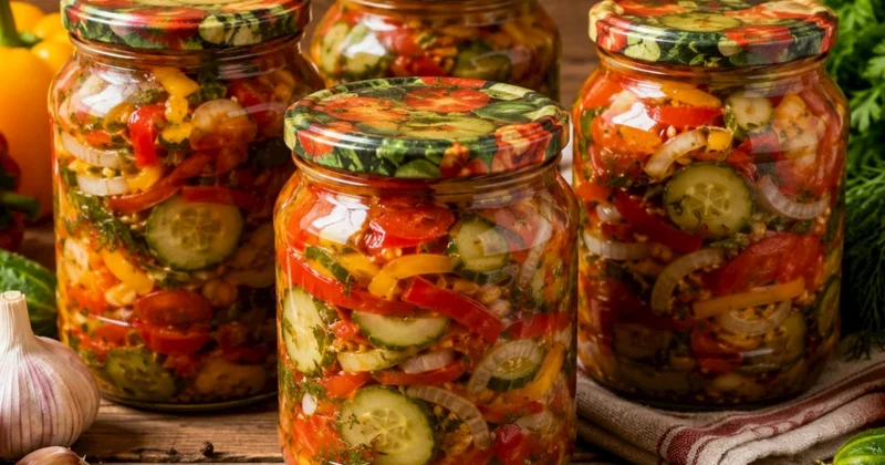 Qış üçün Assorti salatı: Yay tərəvəzlərini bir bankada birləşdirin