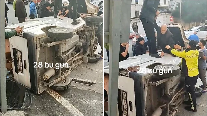 Bakının mərkəzində çörək daşıyan maşın aşdı, yaşlı sürücü.. VİDEO