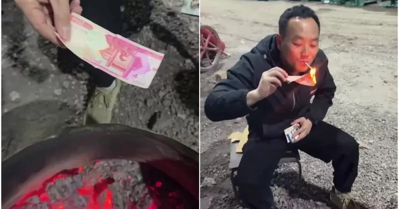 СМИ: Китайцы на камеру подожгли узбекские сумы и прикурили от купюры сигарету