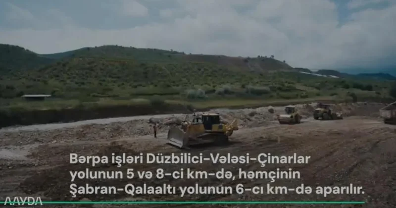 Şabranda sel sularının avtomobil yollarında yaratdığı fəsadlar aradan qaldırılır