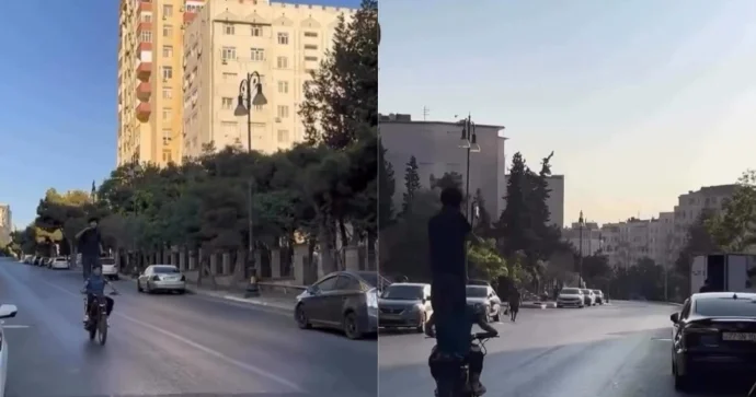 Motosikletin sürücüsündə kaska yox, sərnişin ayağa qalxıb oynayır VİDEO