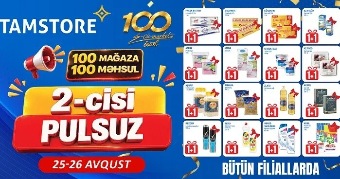 100 cü mağazaya özəl: 100 məhsulda 2 cisi pulsuz!