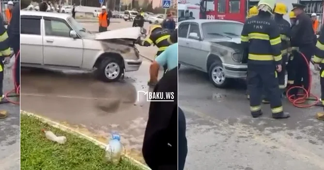 Sumqayıtda dəmiryol vağzalının qarşısında avtomobil yandı