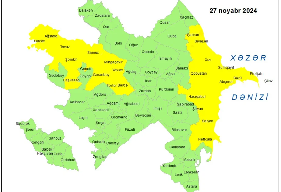 Küləkli hava şəraiti ilə bağlı sarı xəbərdarlıq verilib AZƏRTAC