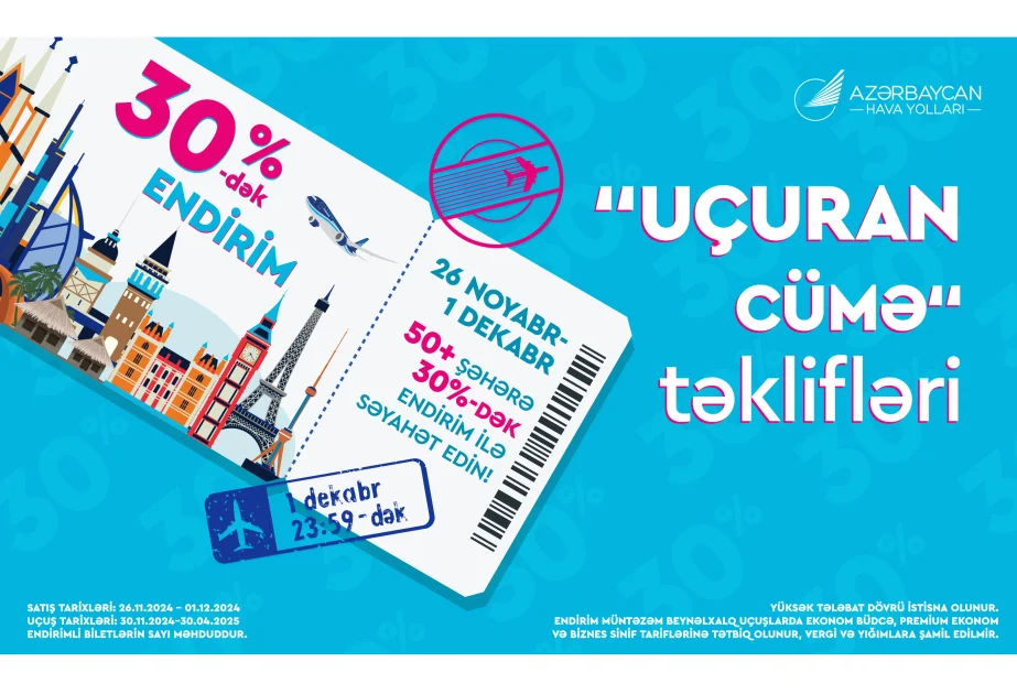 ® AZALdan “Uçuran Cümə” kampaniyası: aviabiletlərə 30%dək endirim AZƏRTAC