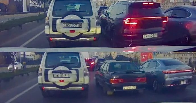 Əlavə zolaq yaradan sürücülər; biri hələ siqnal verib yol istədi və maşına ziyan vurdu VİDEO