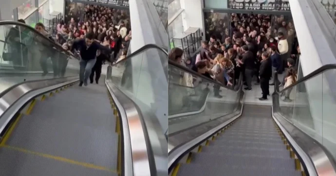 Yeni ticarət mərkəzinin açılışı izdihama səbəb oldu: Eskalatora tərs istiqamətdə mindilər VİDEO