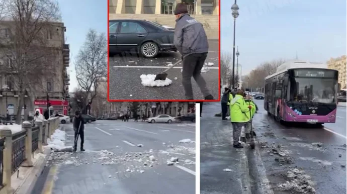 Bakıda qarı yolun ortasına töküb sürücülərə təhlükəyə atırlar VİDEO