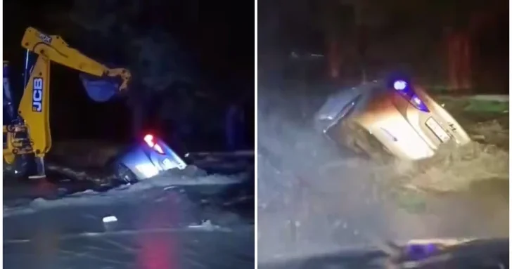 В Гахском районе автомобиль опрокинулся из за последствий проливных дождей