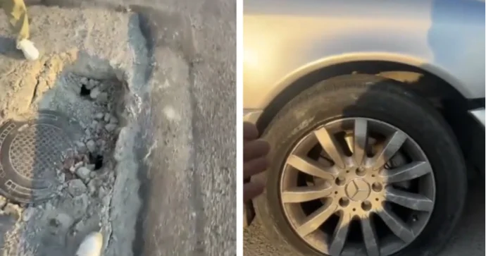 Bakıda yol çökdü: Avtomobilin təkəri partladı VİDEO