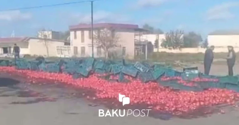 TIR aşdı, narlar yola dağıldı FOTO