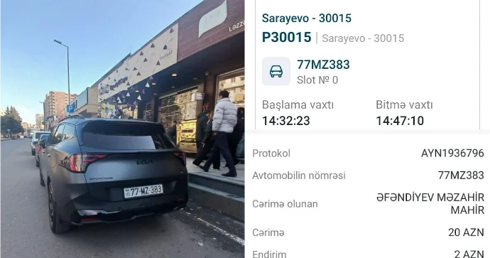 Vaxtından əvvəl parklanma ödənişi edən sürücü CƏRİMƏLƏNDİ FOTO