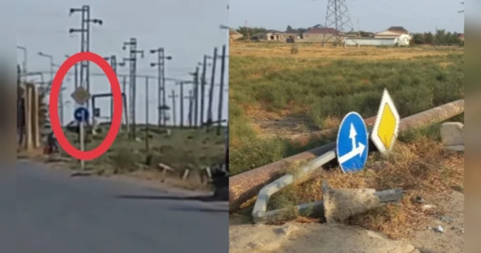 Qəza zamanı aşan yol nişanları əvvəlki yerinə bərpa edildi VİDEO