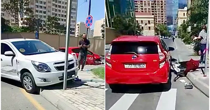 Xətaidə qəza: “Toyota” ilə “Chevrolet” toqquşdu, yol nişanı qopdu VİDEO