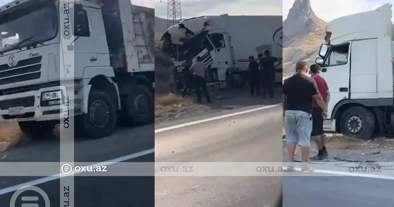 Siyəzəndə iki yük maşını toqquşub, biri dərəyə aşıb VİDEO