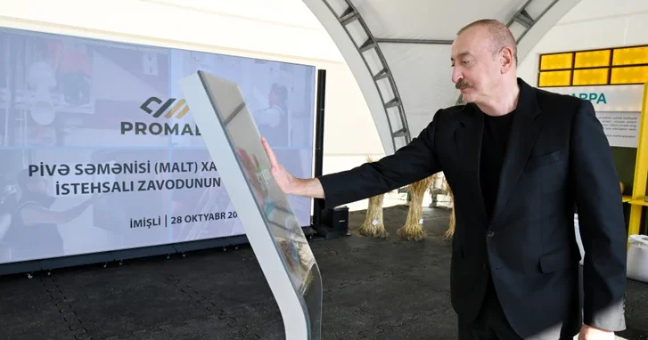 Ильхам Алиев принял участие в открытии предприятия по переработке ячменя Promalt в Имишли