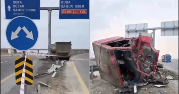 Yaşmada yük maşını qəzaya düşdü Sürücü yuxulayırmış VİDEO