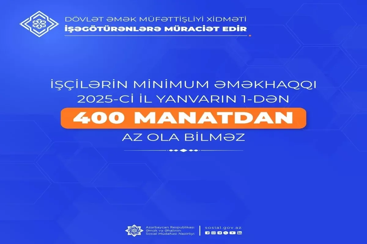 Минтруда: С 1 января 2025 года зарплата в Азербайджане не будет ниже 400 манатов