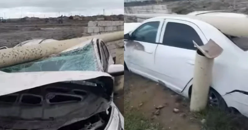 Binəqədi Mehdiabad yolunda QƏZA: Minik avtomobili yol kənarındakı maneəyə çırpıldı