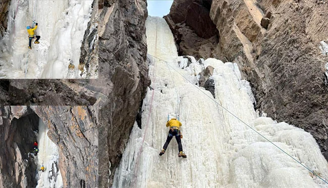 Donmuş şəlaləyə çıxan alpinistlər Qarsın qış turizminə yeni nəfəs veriblər