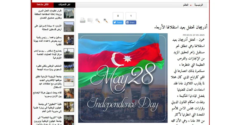 İordaniya mediası Müstəqillik Günü ilə bağlı silsilə məqalələr dərc edib