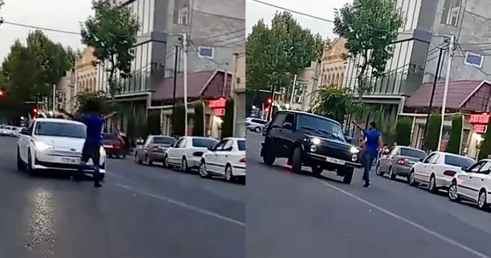 Yolun ortasında təhlükəli anlar: Piyada avtomobillərin önünü kəsib… VİDEO