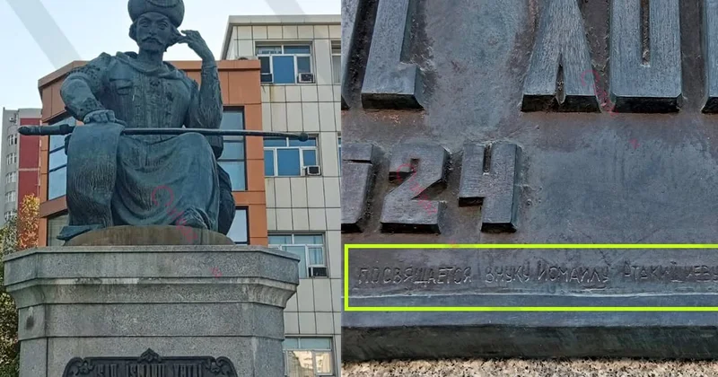 Xətainin heykəlindəki rusca yazı sonradan əlavə edilib?