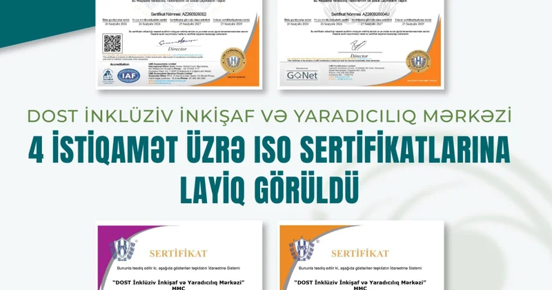 DOST İnklüziv İnkişaf və Yaradıcılıq Mərkəzi 4 istiqamət üzrə ISO sertifikatlarına layiq görülüb