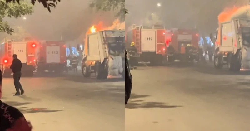 Sumqayıtda zibildaşıyan maşın yanıb