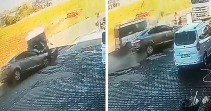 Gəldiyi sürətlə sola dönən sürücü qəza törətdi; ana ilə uşaq ölümdən son anda xilas oldu VİDEO