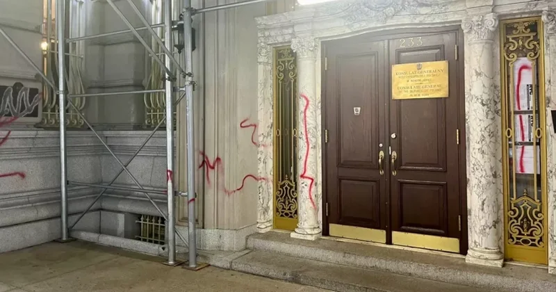 Вандалы изуродовали фасад Генконсульства Польши в Нью Йорке