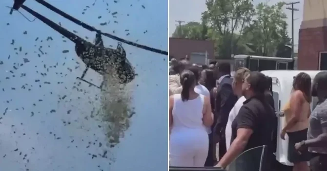 Vəfat edən şəxsin xatirəsinə helikopterdən pul səpildi