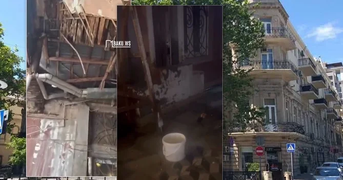 Bakının mərkəzində binanın tavanı çökdü İçərini su basdı