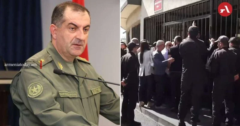 Ermənilər Müdafiə Nazirliyinin girişini bağladı Polislə toqquşma VİDEO