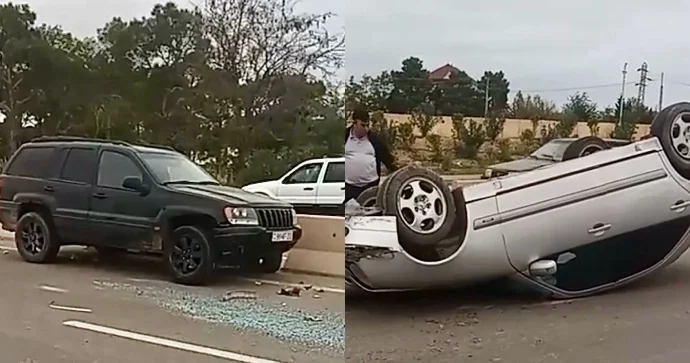Sumqayıtda “Jeep”lə toqquşan “Mercedes” yolun ortasında aşdı VİDEO