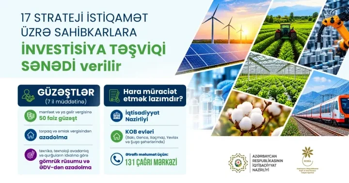 17 sahə, 7 il güzəşt, 50% vergi endirimi