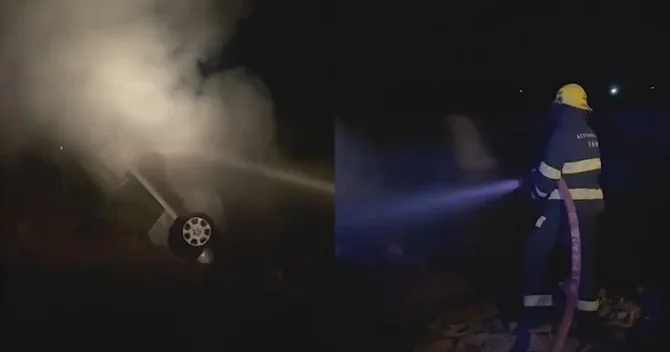 Bakıda qəzaya uğrayan Mercedes yandı Hadisə yerindən GÖRÜNTÜLƏR