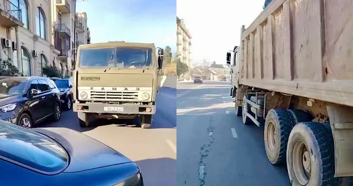 Yük maşınları ikinci zolağı zəbt edib yolu kəsir Sürücülərdən ŞİKAYƏT VİDEO
