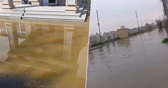 Ramanada məktəbin ərazisi su altında qalıb Şagirdlər üçün TƏHLÜKƏ