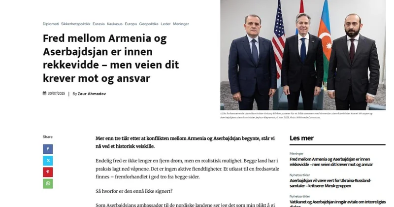 Norveçin “Geopolitika” nəşrində Azərbaycanla Ermənistan arasında sülh sazişinin perspektivlərinə həsr olunmuş məqalə dərc edilib
